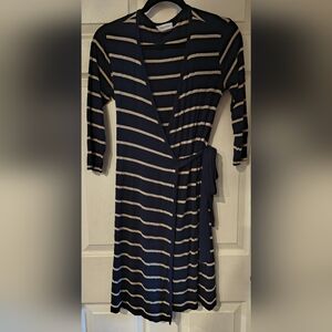 Calvin Klein Sz 2 Navy & Beige Striped Wrap Dress With Tie